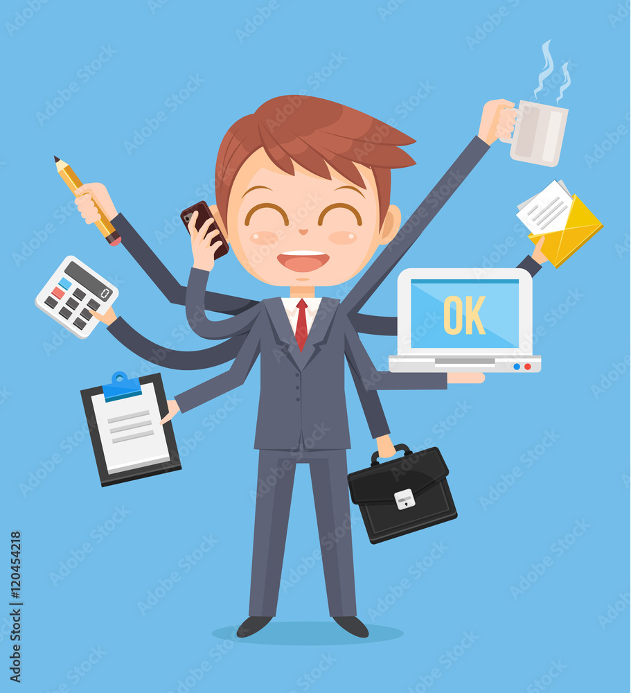 Happy office man character. Multitasking hard work. Vector flat cartoon  illustration Stock Vector | Adobe Stock