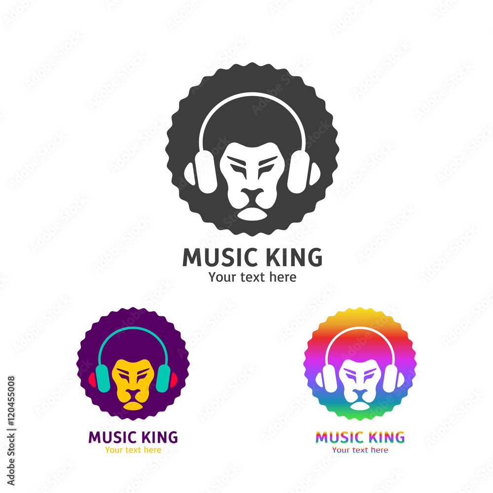Lion head in headphones. Vector flat musical logo template isolated. Three color variants.