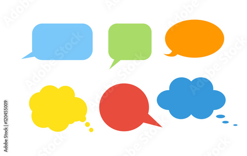 Colorful speech bubbles set on white background. Talk and think bubbles. Blue, green, yellow, red and orange icons.