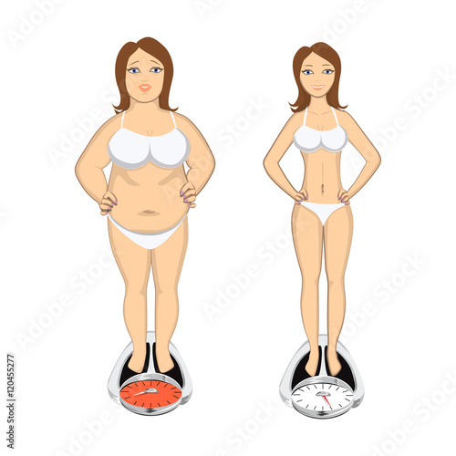 Before and after weight loss. Beautiful smiling young woman on scales. Fat and chubby beafore and slim and light after.