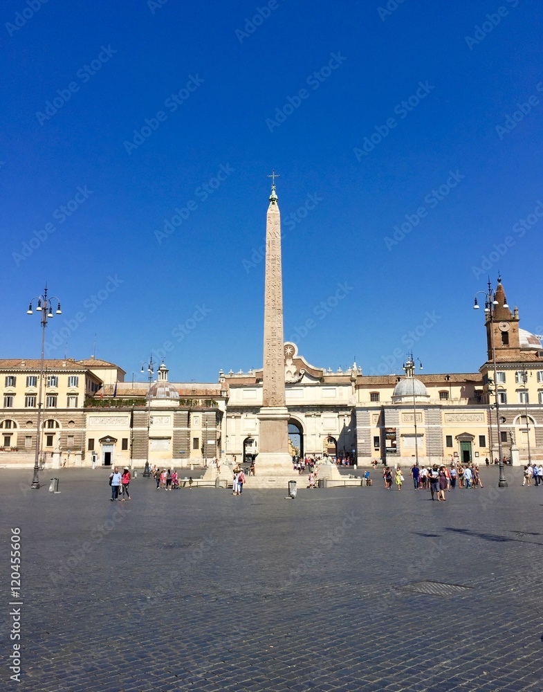 Piazza del Popolo, Rome, Italy. An Egyptian obelisk of Ramesses II from Heliopolis stands in the centre of the Piazza.