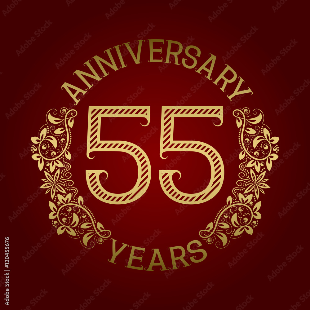 Golden emblem of fifty fifth anniversary. Celebration patterned sign on red.