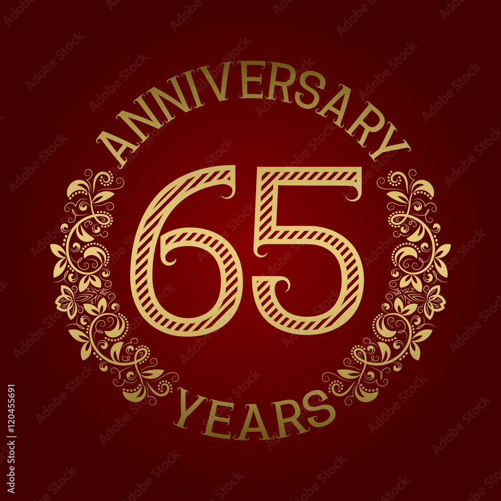 Golden emblem of sixty fifth anniversary. Celebration patterned sign on red. Golden emblem of sixty fifth anniversary. Celebration patterned sign on red.