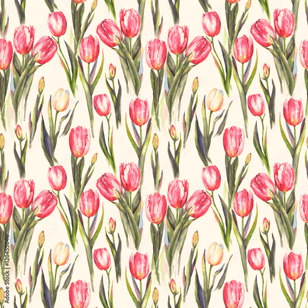 Hand-drawn watercolor seamless pattern with pink and white tulip flowers. Repeated spring print for the textile, wallpaper. Tender and beautiful background Hand-drawn watercolor seamless pattern with pink and white tulip flowers. Repeated spring print for the textile, wallpaper. Tender and beautiful background