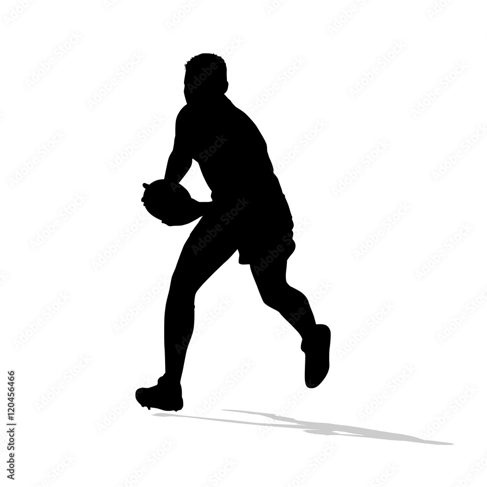 Rugby player running with ball in hands. Vector silhouette