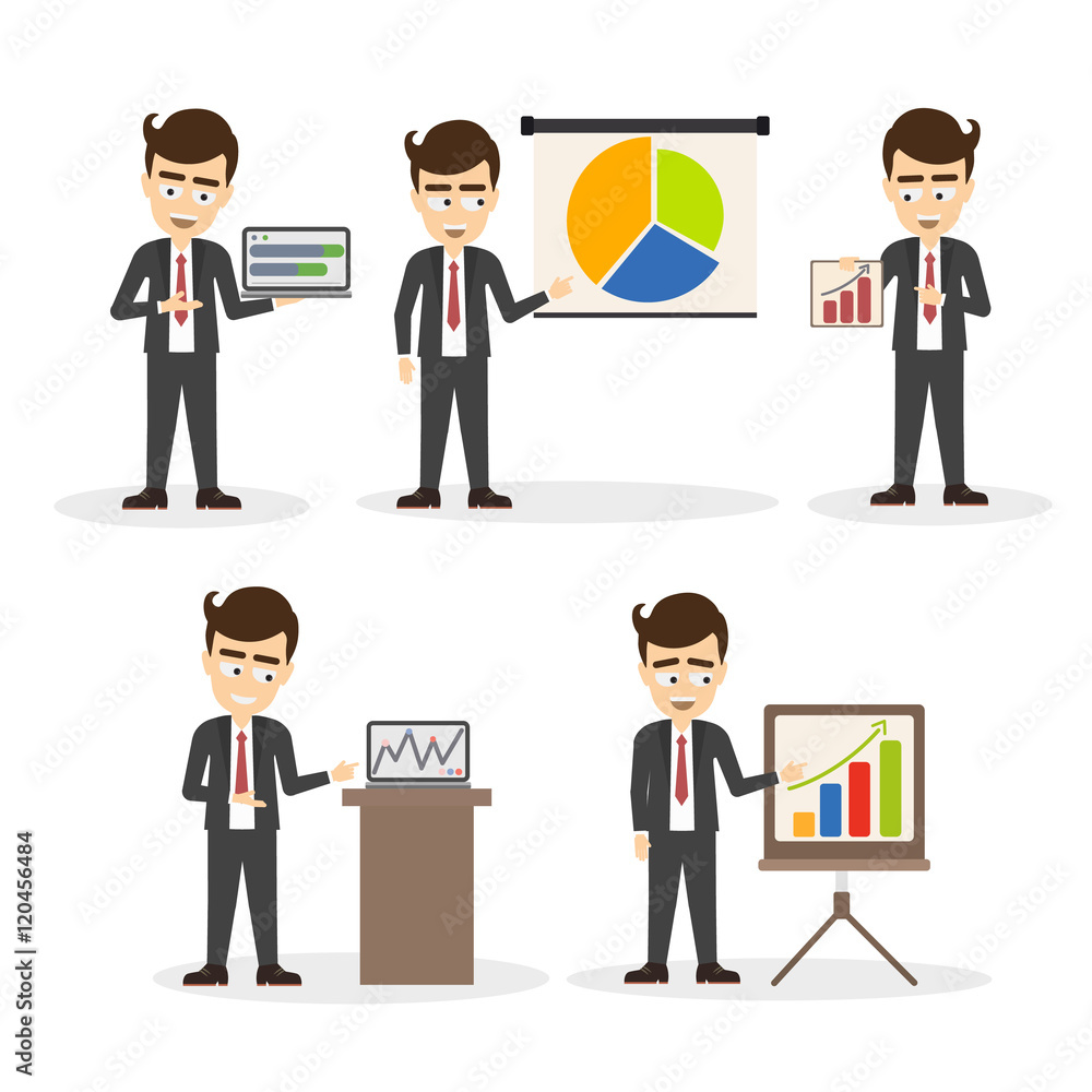 Fototapeta premium Businessman presentation set. Smiling handsome businessman with infographics and charts. Professional office worker.