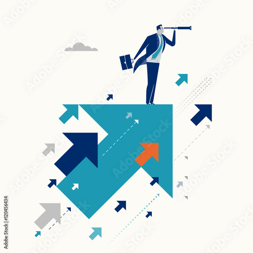 Upwards. Businessman standing on flying arrows and searching for an opportunities. Concept business illustration
