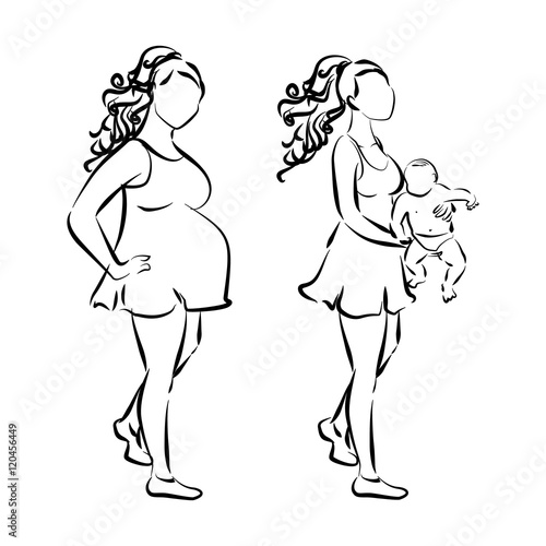 Motherhood and pregnancy concept. White silhouettes of women. Pregnant woman and woman with baby.