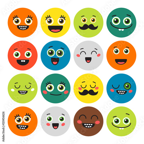 Funny cartoon emojis set on white background. All kinds of emotions like laugh, wink, happy and more.