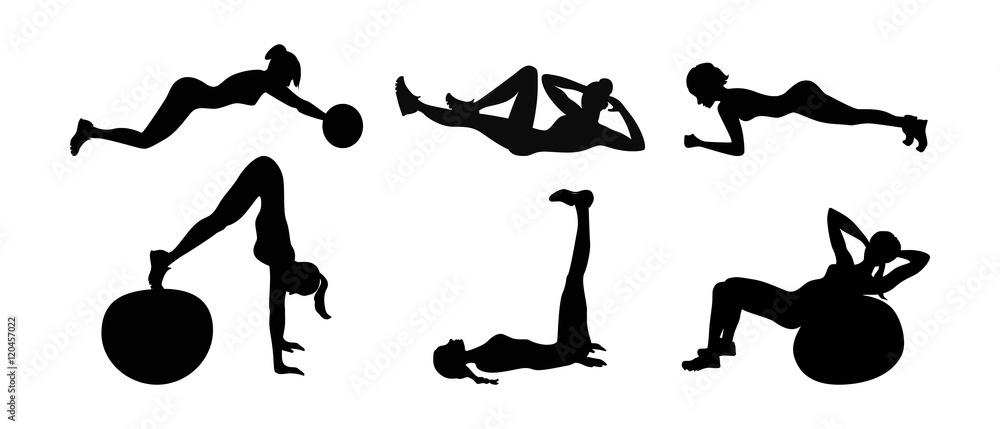 Fitness exercises set. Black silhouettes of women doing fitness exercises as leg rises, plank ans more.