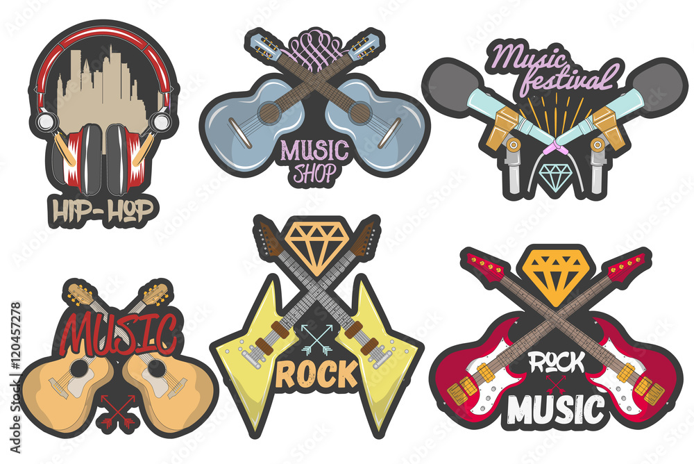 Vector colorful set of music theme emblems. Isolated badges, logos, banners or stickers with guitars, microphones and headphones in vintage style