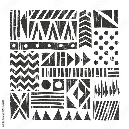 Vector tribal background. Abstract pattern with primitive shapes. Hand drawn illustration.