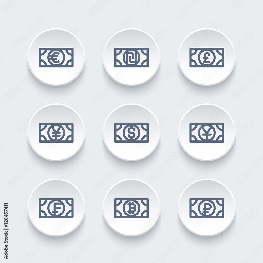 currencies line icons set, pound, dollar, franc, yen, yuan, shekel, ruble, bitcoin currencies line icons set, pound, dollar, franc, yen, yuan, shekel, ruble, bitcoin