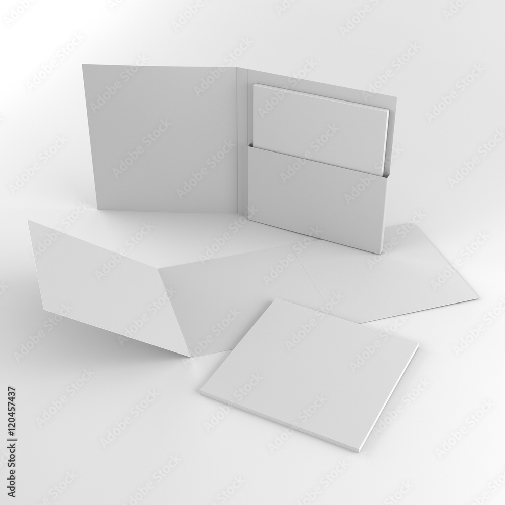 blank square format folder with tri-fold flyers