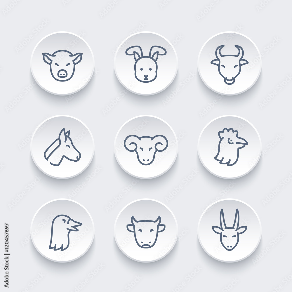 Farm animals icons, linear pictograms, pig, rabbit, ram, hen, goose, cow, goat, bull, horse, vector illustration Farm animals icons, linear pictograms, pig, rabbit, ram, hen, goose, cow, goat, bull, horse, vector illustration