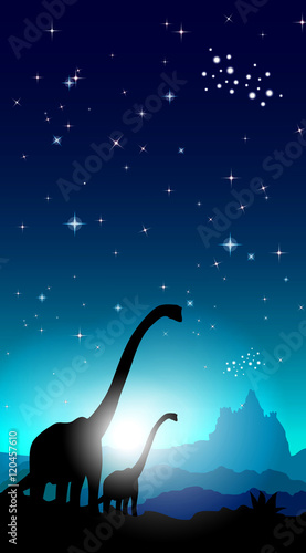 Family of dinosaurs. mountains in the background and a starry sky. Vector illustration