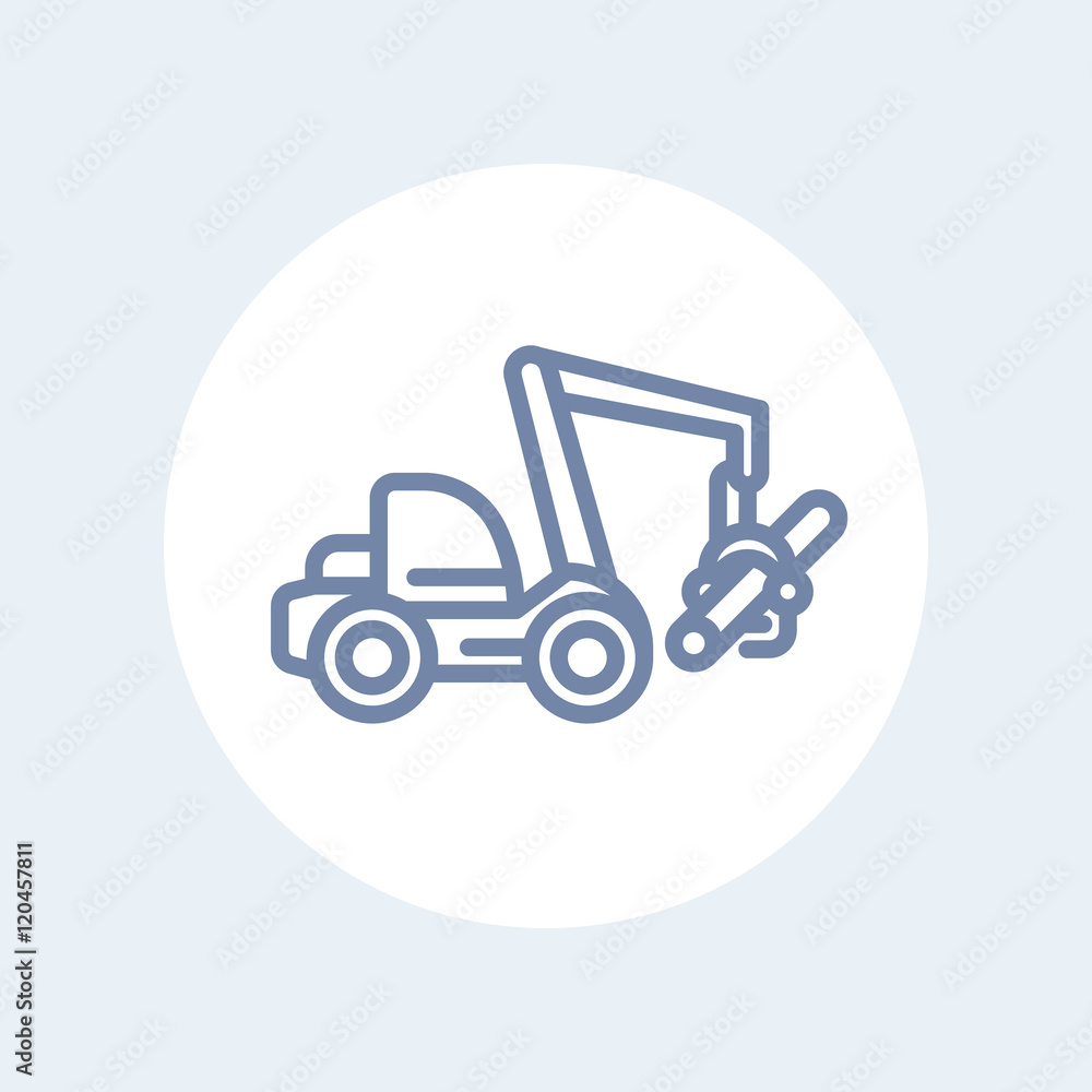 Forest harvester line icon, wheeled feller buncher, timber harvesting machine isolated on white