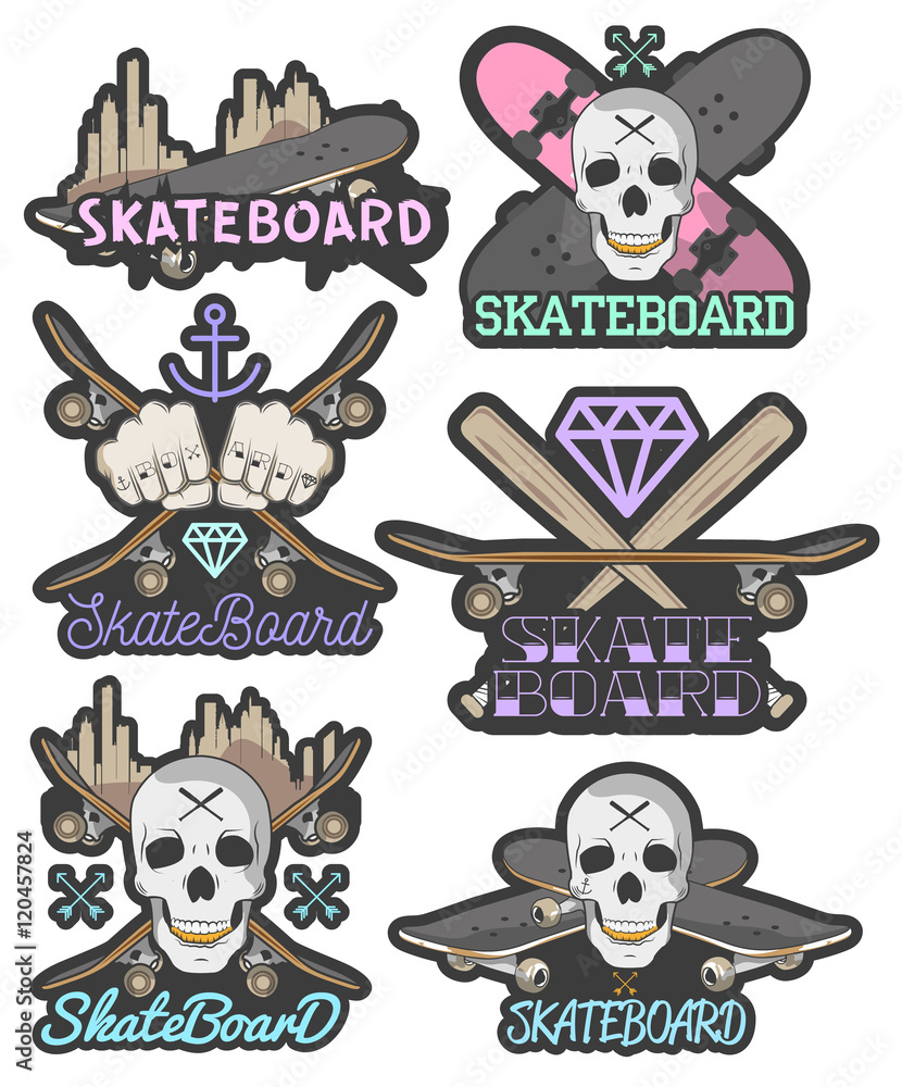 Vector set of colorful skateboard emblems. Isolated badges, labels, logos in vintage style with boards, skulls, crystals and bats