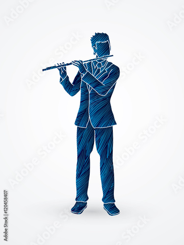 Flute player designed using blue grunge brush graphic vector.