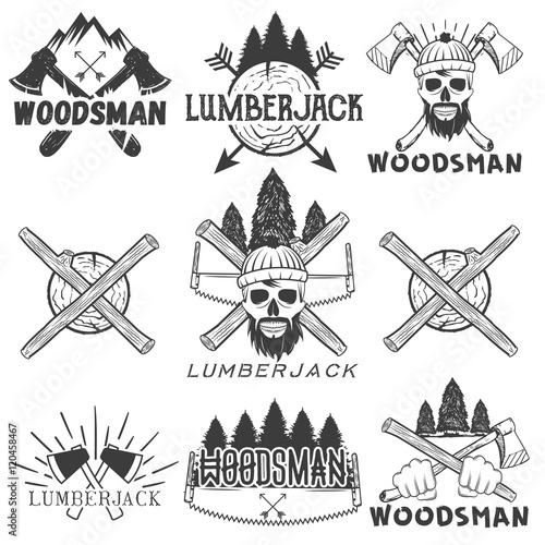Vector set lumberjack logos, emblems, banners, labels or badges. Monochrome isolated illustration with woodsman, skull, axe, firewood, saw and forest silhouette