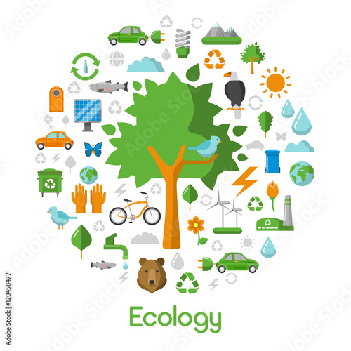 Ecology Environment Green City Concept Vector Icons Set with Energy Savings Technologies