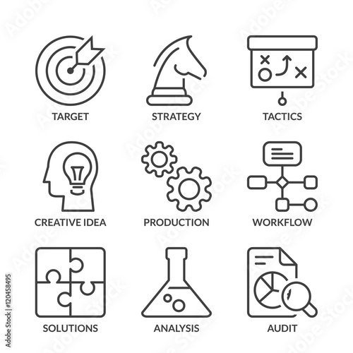 basic management & strategy line icons with text