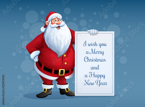 Merry Santa Claus standing with christmas greetings banner in