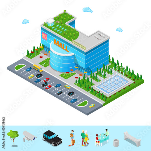 Isometric Shopping Mall Building with 3D Imax Cinema Park and Fountain. Flat 3d Vector illustration