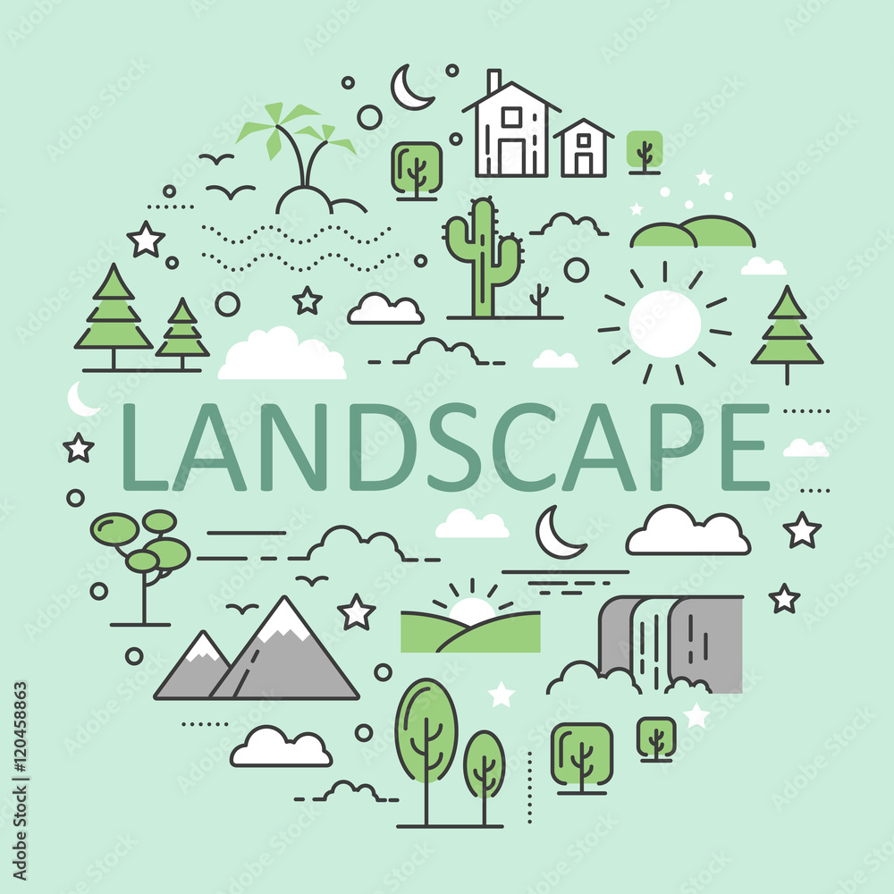 Landscape Nature Line Art Thin Vector Icons Set with Mountains Forest Urban