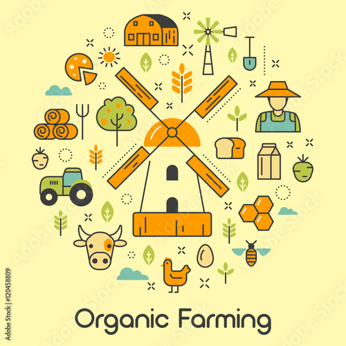 Organic Farming Line Art Thin Vector Icons Set with Windmill and Eco Products