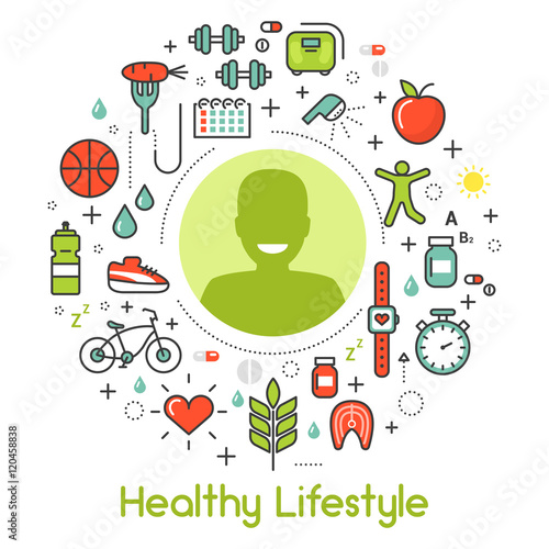 Healthy Lifestyle Line Art Thin Vector Icons Set with Sport Elements