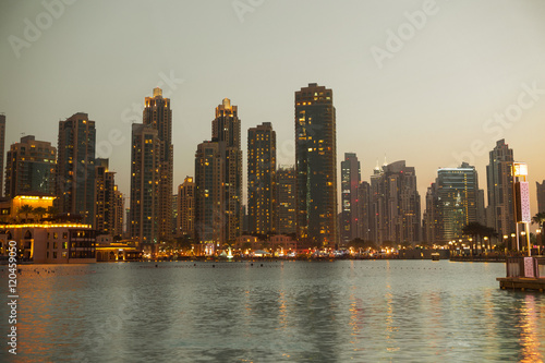 Dubai city business district and seafront at night