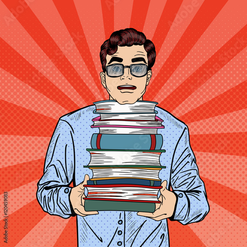 Pop Art Man Student Holding Stack of Books Education Concept. Vector illustration
