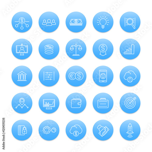 Venture capital line icons, investments, risk assessment, forex, hedge fund, startup company, round blue icons set
