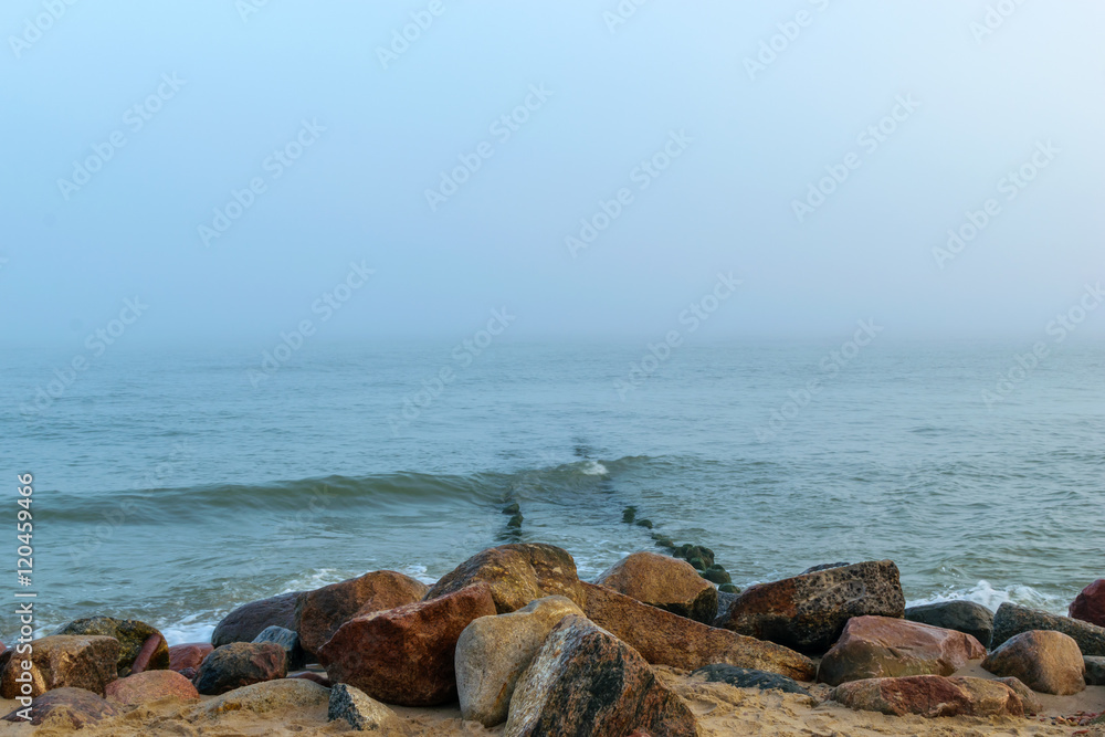 Fog on the beach in Zelenogradsk on the Baltic sea