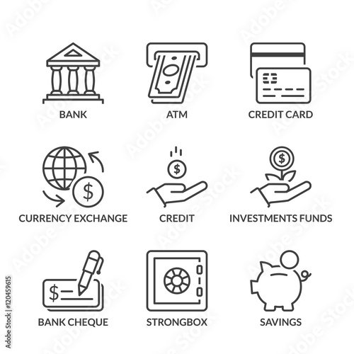 basic banking line icons with text