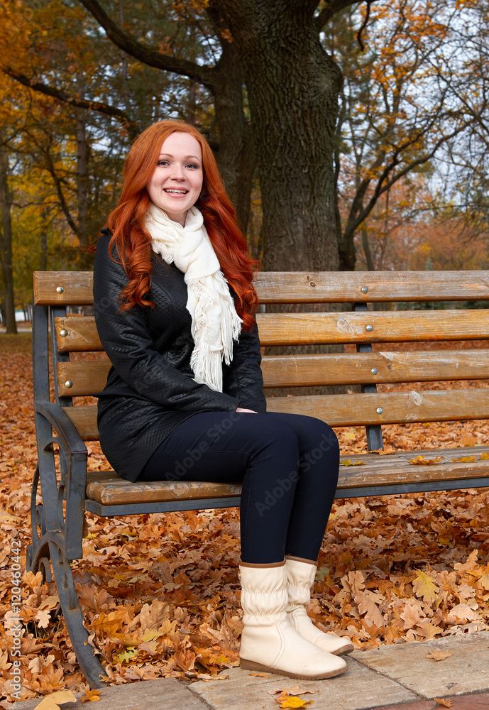 Redhead Girl In Autumn City Park Sit On Wood Bench One People Stock Photo Adobe Stock