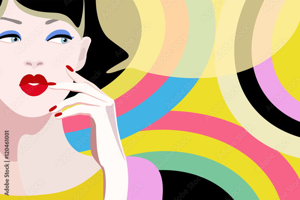 Abstract illustration thinking girl model, striped hat Abstract illustration thinking girl model, striped hat