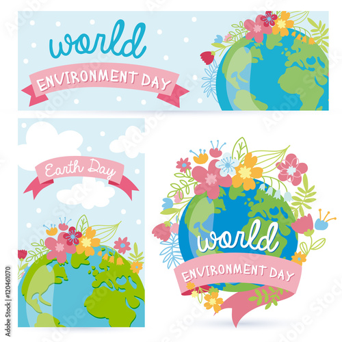 Eco Friendly  green energy concept  cute vector illustration. Save the planet postcard.  Earth Day and world environment day banner set