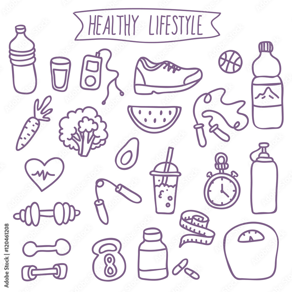 Healthy lifestyle. Vector doodle hand-drawn flat icon set, illustration
