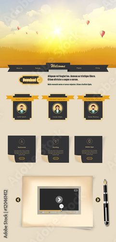 One Page Website Template with Autumn Sunset Illustration. Vector Eps 10

