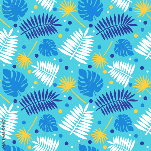 Palm leaves seamless pattern background. Tropical greeting card.