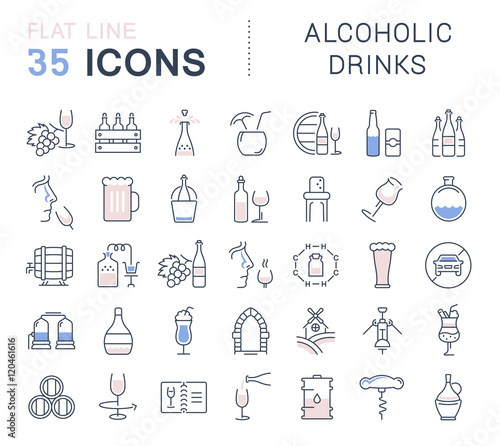 Set Vector Flat Line Icons Alcoholic Drinks
