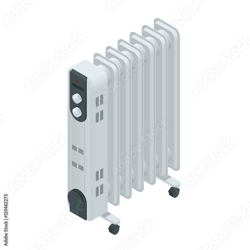 White oil heater with screen controls, isolated on a white background. Home Heating appliances icons. Household appliances. Isometric vector oil heater.