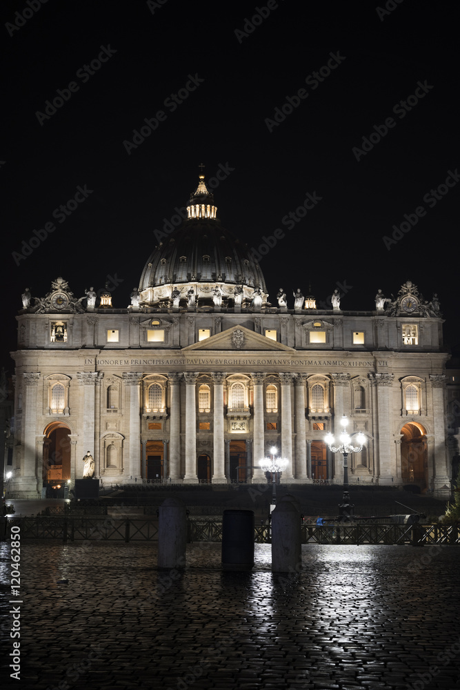 Basilica of Saint Peter at night in winter. Vatican