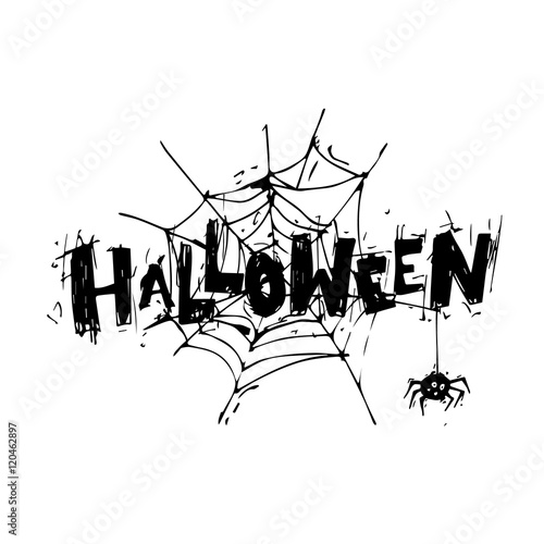 Happy halloween poster, banner, fly-er. Spider web with the spider. Black on white. Lettering. Halloween party. Flat design vector illustration.