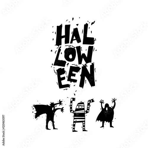 Happy halloween poster, banner, fly-er. Bringing, mummy. Black on white. Lettering. Halloween party. Flat design vector illustration.