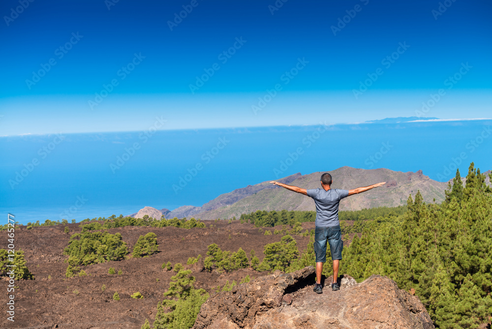 Back view of man with open arms on the peak of a mountain