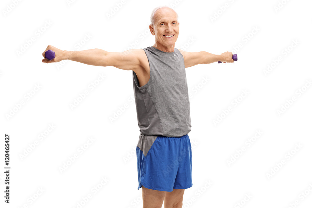 Mature man exercising with dumbbells Mature man exercising with dumbbells