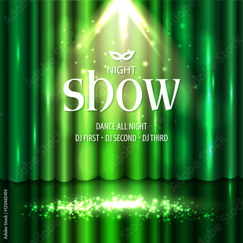 Theatrical background with a green curtain and a scene. Light on